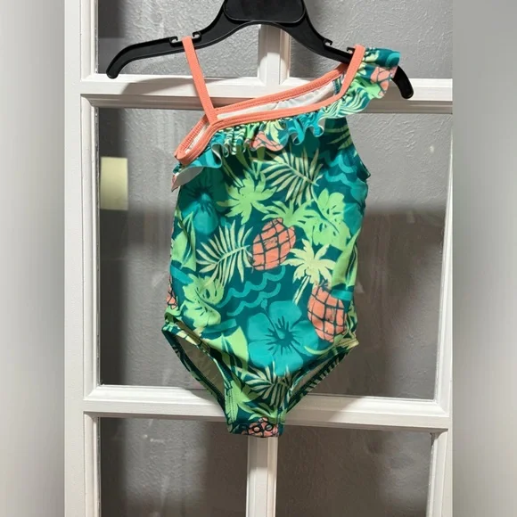 Carter's Tropical Green and Orange Girls Swim One Piece - Picture 1 of 7